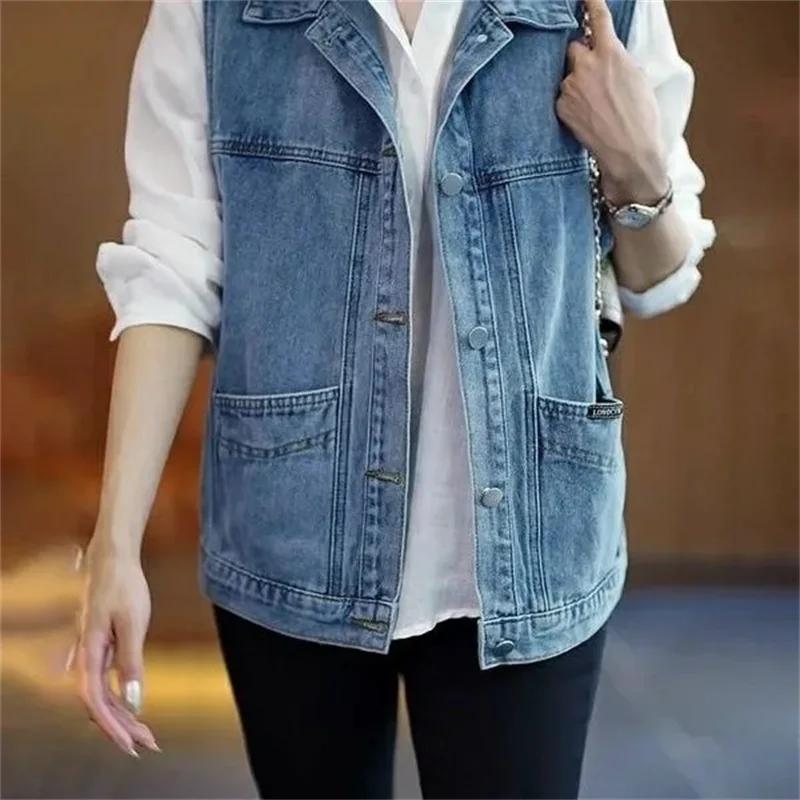 2024 Female Workwear Cowboy Vest Coat Autumn Women Cardigan Pocket Horse Clip Jacket Ladies Solid Color Sleeveless Denim Outwear