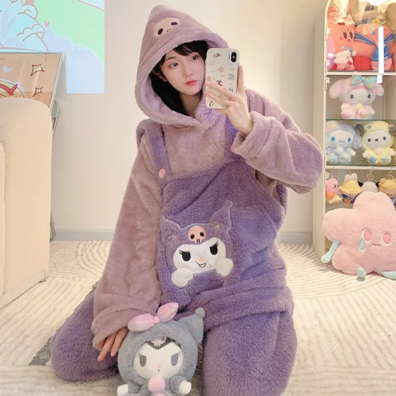 Cartoon Disney Pajamas Winter Coral Fleece Hooded Plush Two-piece Set Kulomie Loungewear Women\'s Pajamas New Melody Clothing