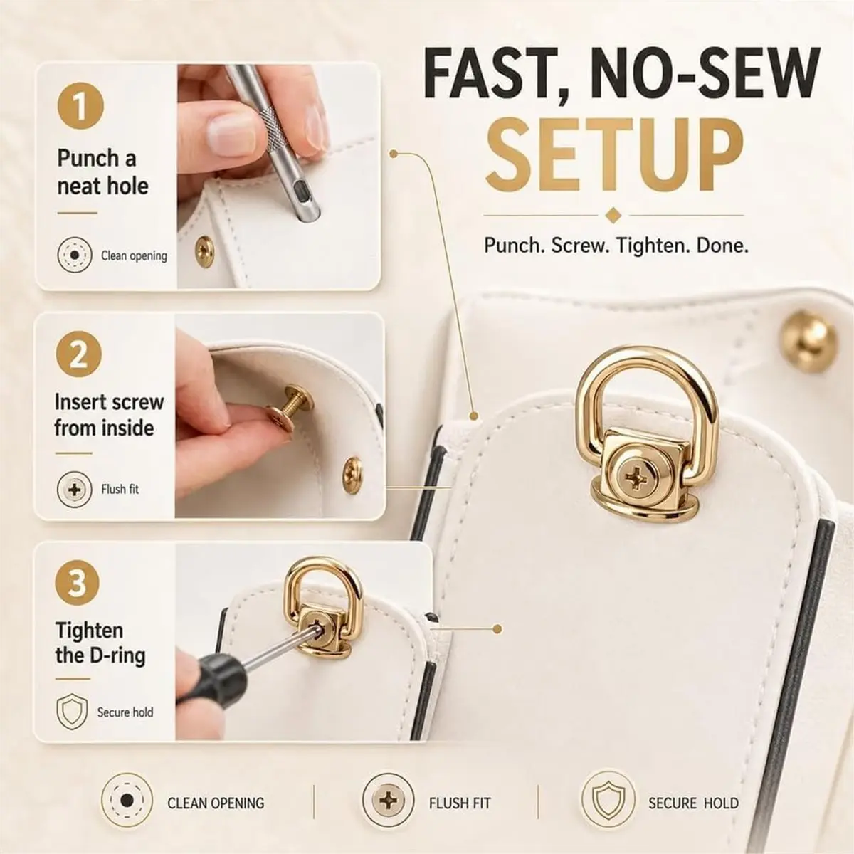 24 Packs D Rings for Purse Bag Purse Hardware, Stud Screw Ball Rivets, 360° Rotatable Conversion Kit for Handmade Bag