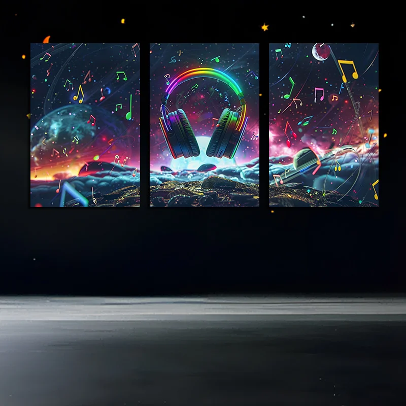 Set of 3 Canvas Wall Art Prints - Abstract Music Headphones Theme, Frameless Triptych Decor for Living Room and Bedroom, Mode
