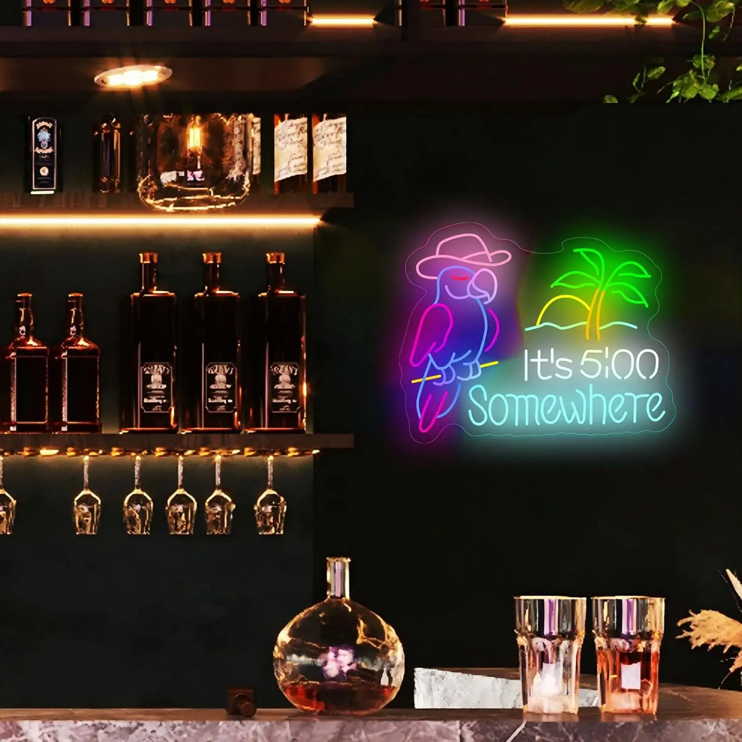 Parrot Palm Tree LED Neon Sign It's 5:00 Somewhere USB Wall Light Tropical Bar Man Cave Beach Party Home Patio Wall Decor Gift
