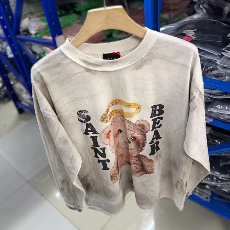 Vintage Washed Light Khaki Long Sleeve T Shirt Saint Bear Graphic Print Loose Streetwear Top