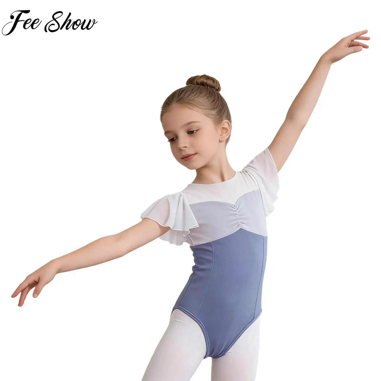 Kid Girls Leotards Ballet Gymnastic Dresses Sleeveless Sheer Mesh Patchwork Press Button Crotch Bodysuit for Dance Practice Exam