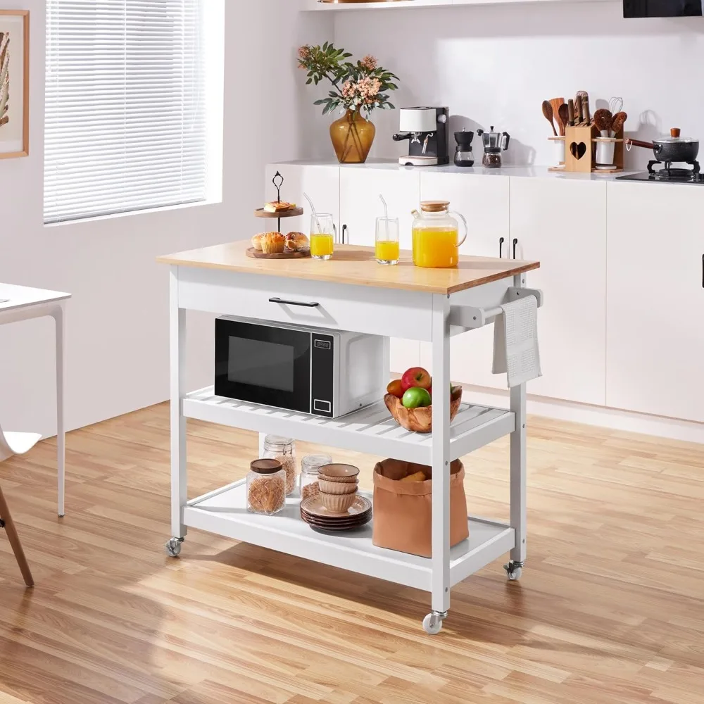 

40 Width Kitchen Island Cart on Wheels, 3 Tiers Rolling Utility Cart with Solid Wood Top and Drawer & 2 Spacious