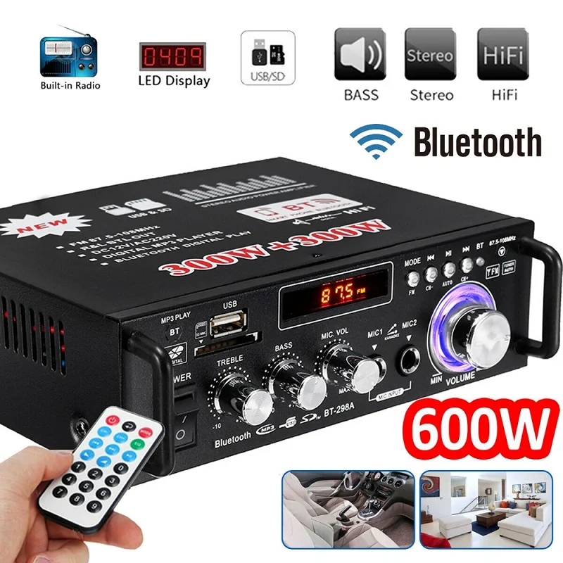 

300W+300W Digital HIFI Audio Stereo Power Amplifier BT-298A Bluetooth Amplifiers 12V/ 220V