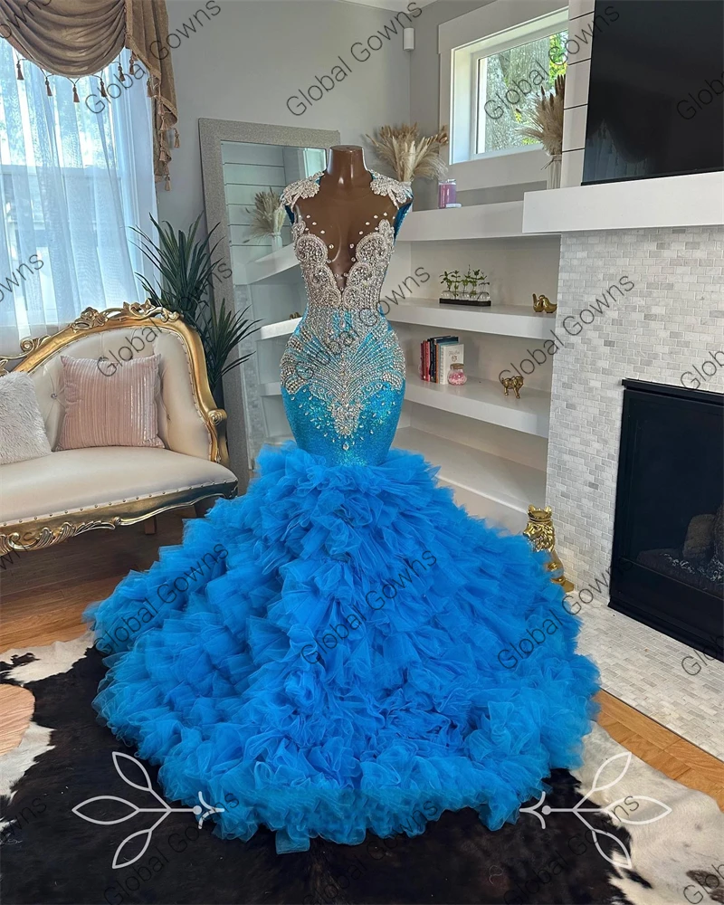 흑인 소녀를위한 블루 페르시 크리스탈 긴 댄스 파티 드레스 2025 반짝 이는 스팽글 생일 파티 드레스 프릴 이브닝 가운 맞춤형