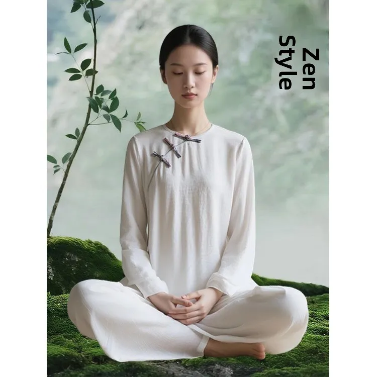 

Buddhist Style Tea Zen Yoga Two-Piece Set Women's Fashion Traditional Chinese Clothing Button Design Cotton Spring Season
