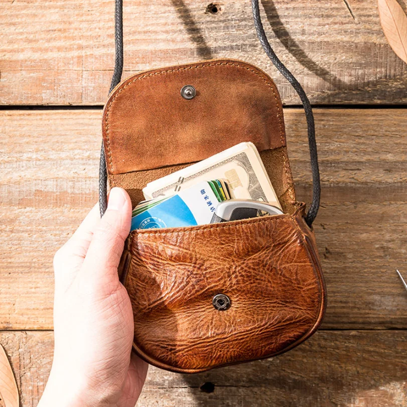 

Vintage Short Mini Top Layer Leather Coin Purse for Men Women Genuine Leather Card Holder Unisex Small Crossbody Shoulder Bag