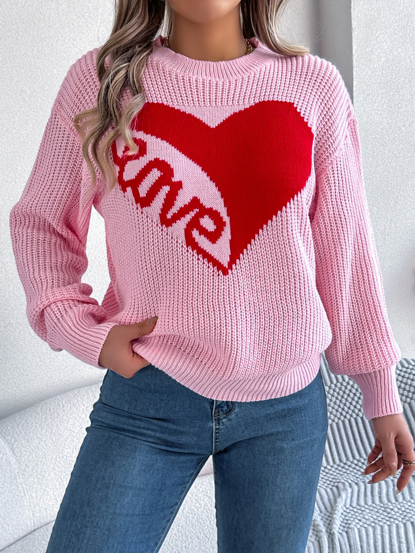 2024 New Arrivals Fashion Pullover  Autumn and Winter Casual Valentine's Day Contrast Color Love Heart Long Sleeve Pullover