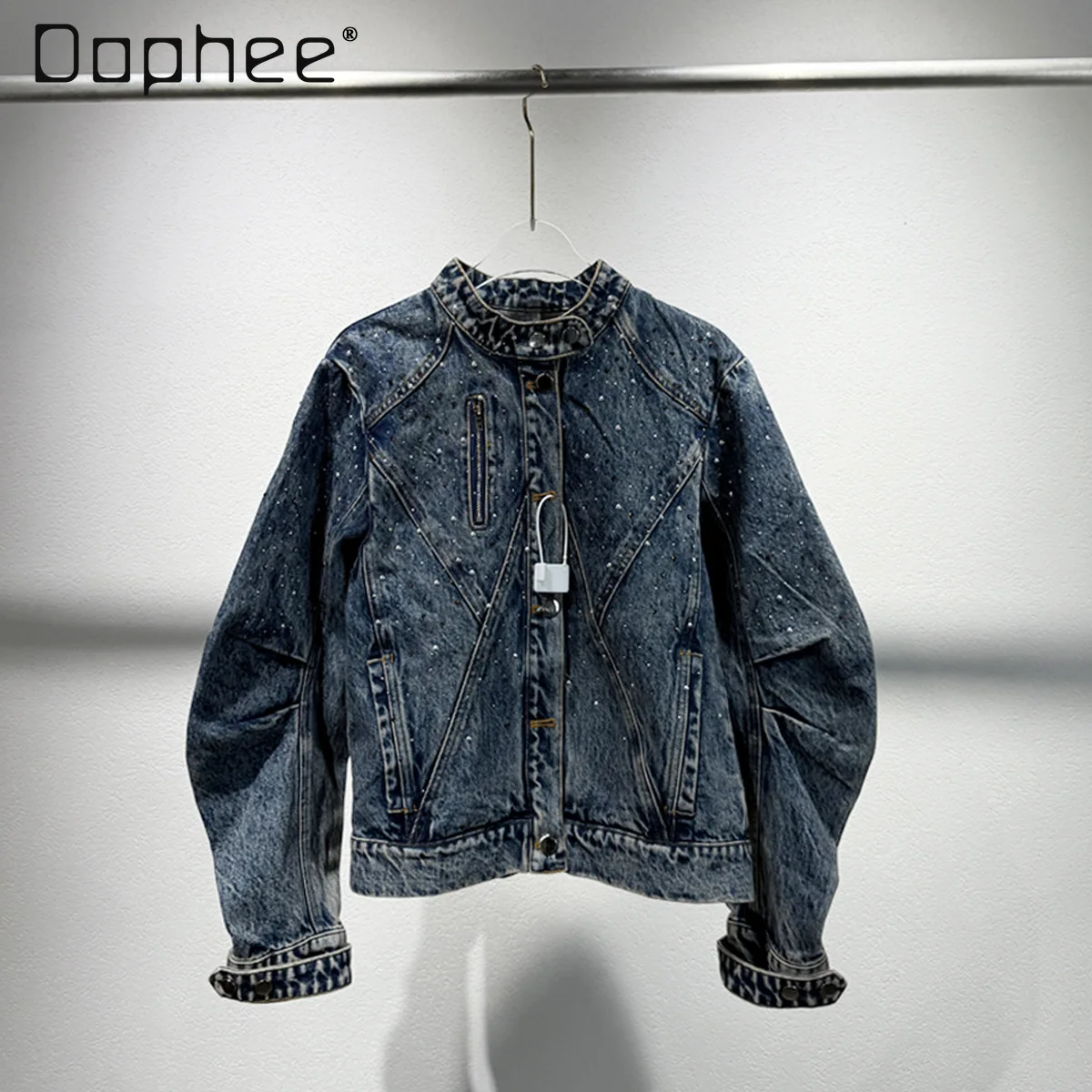 

Stand-up Collar Heavy Industry Hot Diamond Street Locomotive Style Denim Jacket Spice Girl Y2K Short Slim Coat Women Spring New