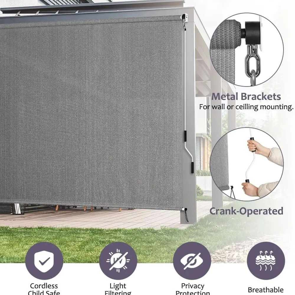 Gray 72x72 Cordless Outdoor Roll-Up Shade, 90% UV Block, Privacy Screen for Patio, Pergola, Windows