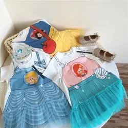 New Children's Dresses Summer Baby Short-Sleeved Girl's Cartoon Fake Two-piece Mesh Dress Short  Skirt Girls Summer Dresses