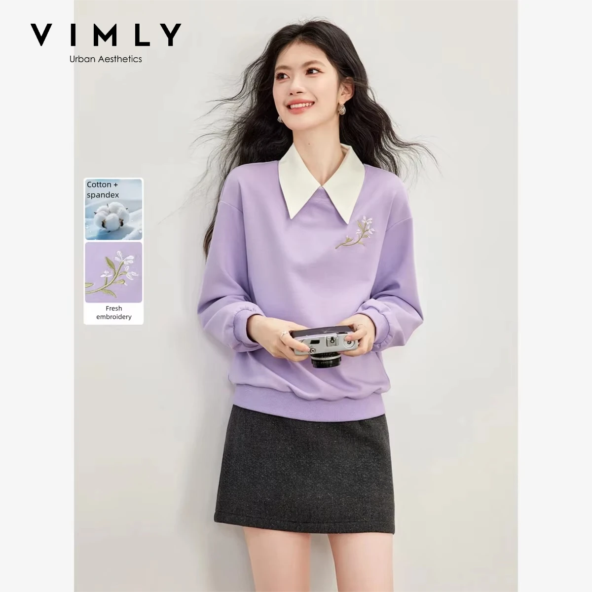 VIMLY Purple Sweatshirt Autumn Casual Embroidered Round Neck Elegant Drop Shoulder Pullover Loose-fit Versatile Top Female 31896