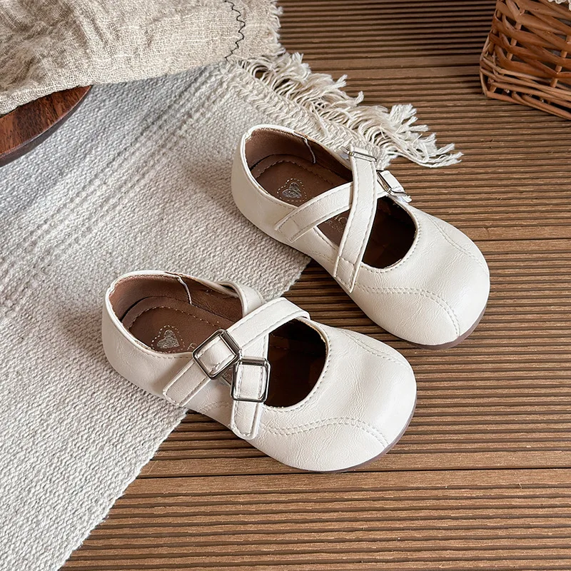 Kids Leather Shoes Soild Color Versatile Girls Princess Shoes Double Hook&loop 2026 New Fashion Children Flat Shoes Non-slip