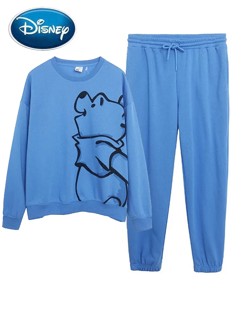 

Disney Winnie the Pooh Bear Sweatshirt Cartoon Print Women O-Neck Pullover Jumper Tee Tops + Tied Bow Trousers Pants 1 Sets Blue