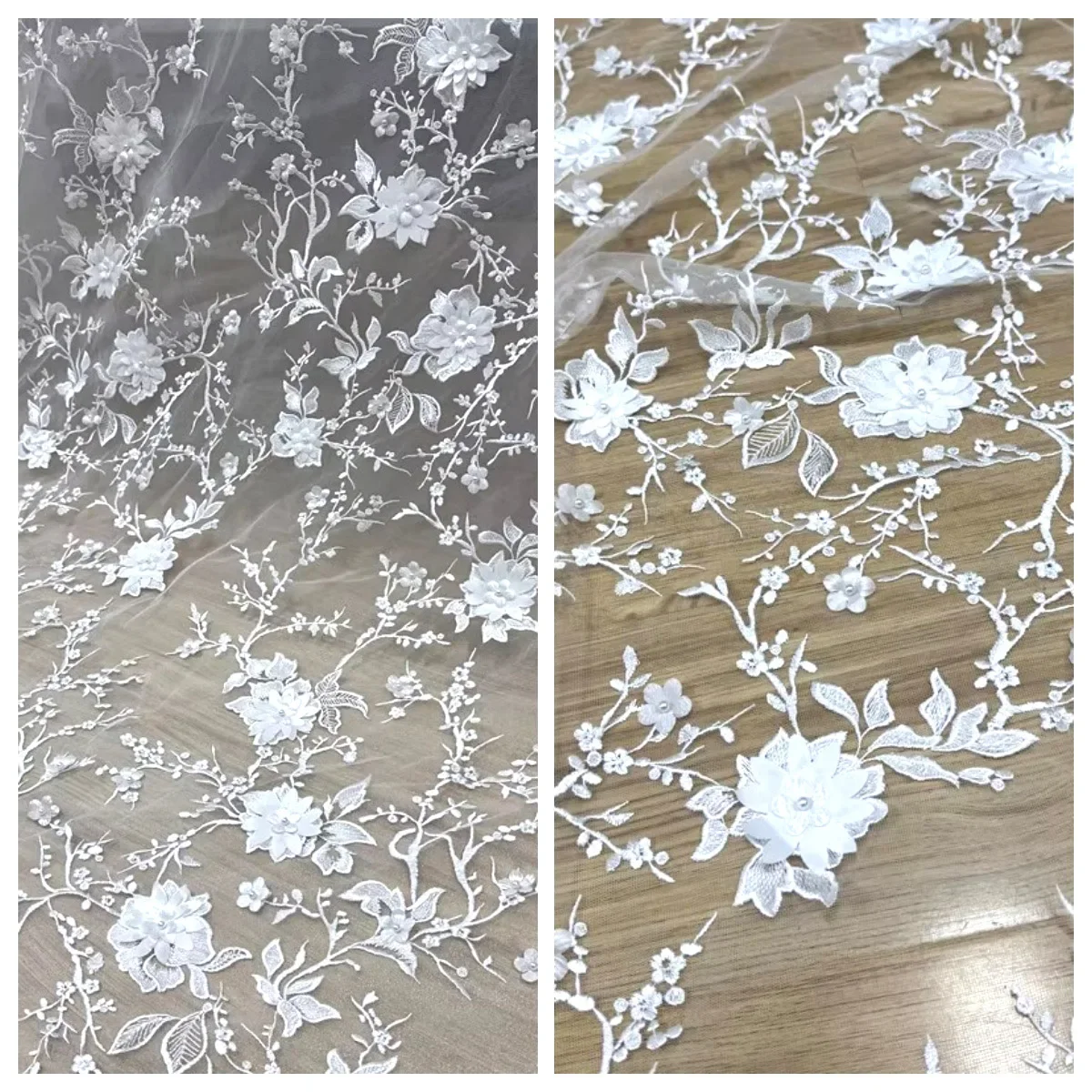 Delicate Transparent Mesh Lace Fabric With Pearl Flower Applique Soft Sheer Textile Wedding Dress Stage Outfit Creative Design