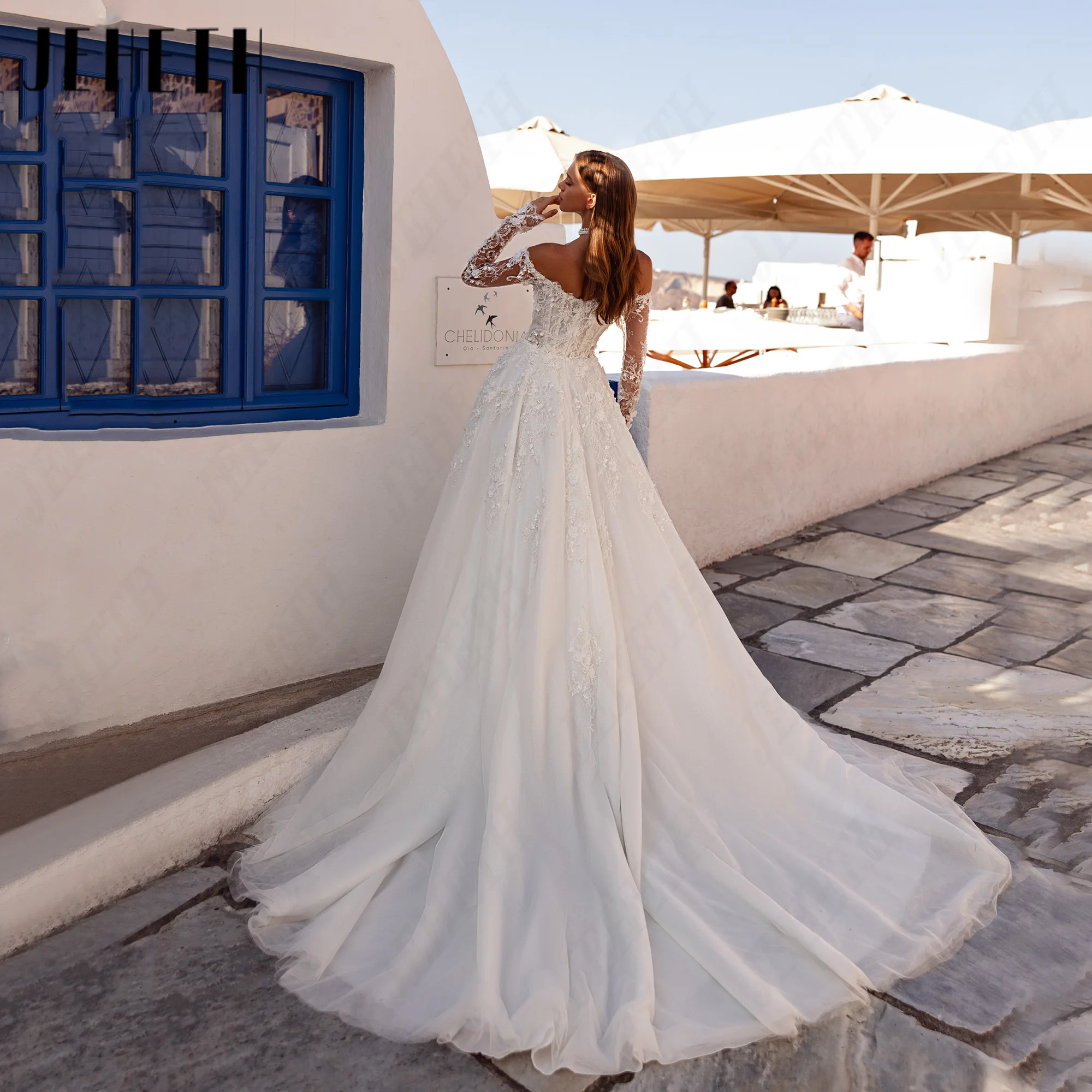 JEHETH A-Line Princess Wedding Dress Customized Tulle Boat Neck Bridal Dresses Floor-Length Backless Bride Gowns Lace Appliques