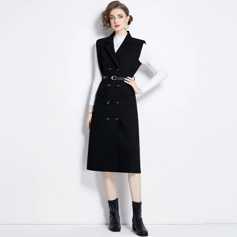 

Elegant Sister Outfit Set Women Knitted Base Shirt Versatile Retro Double-Breasted Dress Two-Piece Set