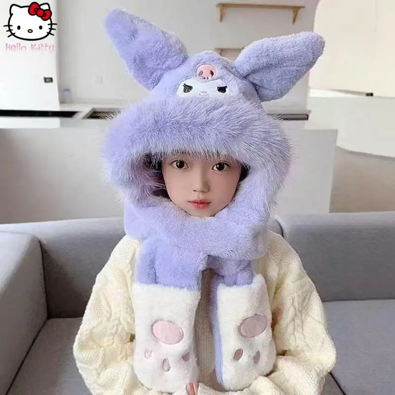 

Sanrio детские зимние перчатки Kuromi My Melody, защита ушей, утепленная шапка, шарф, теплая шапка с большими ушками в стиле аниме для девочек с героями мультфильмов