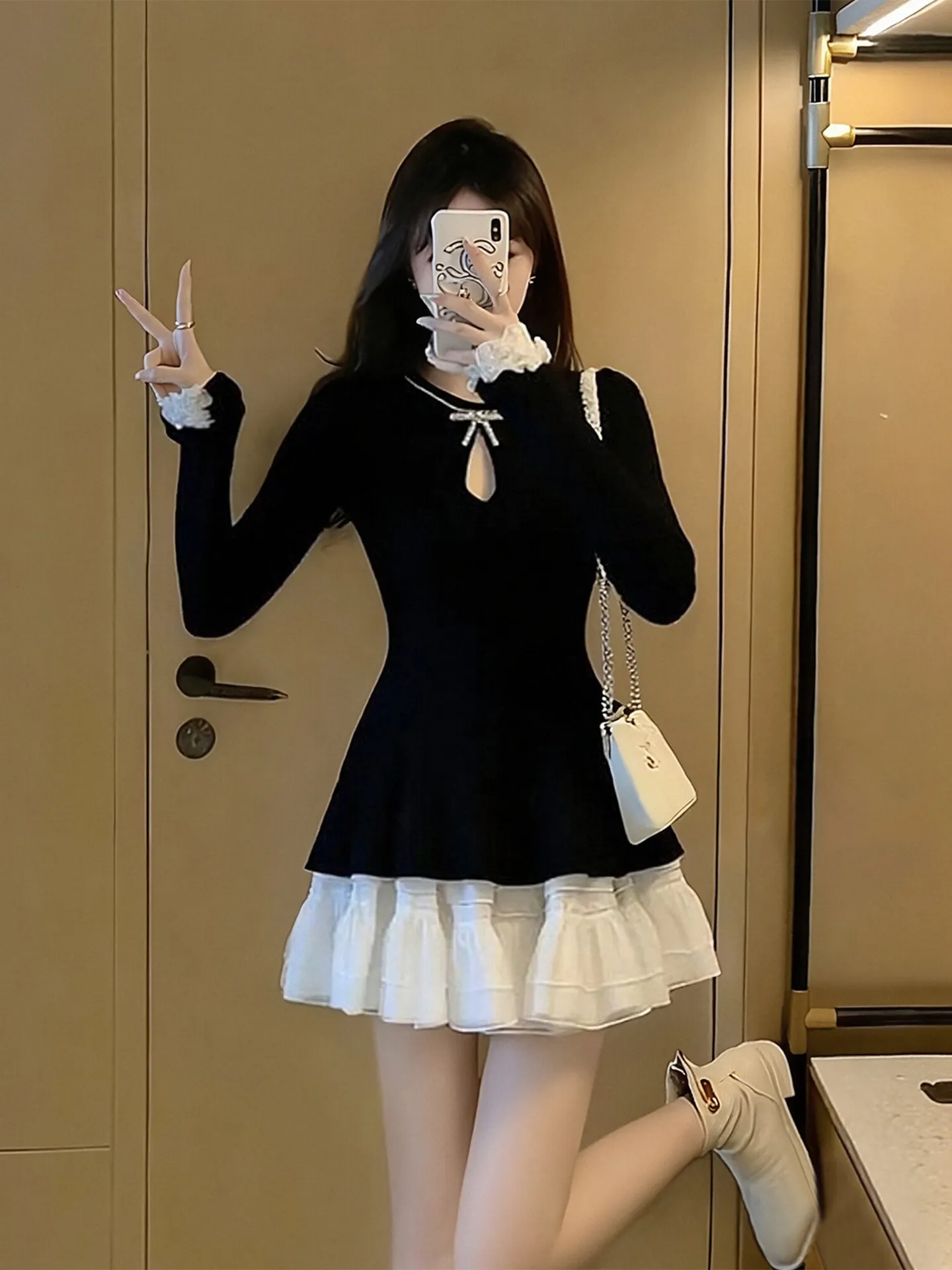 Black Lace Patchwork Velvet Dress Women's Autumn Winter plus Size Beautiful Unique Short Skirt Casual High Waist Polyester Fa...