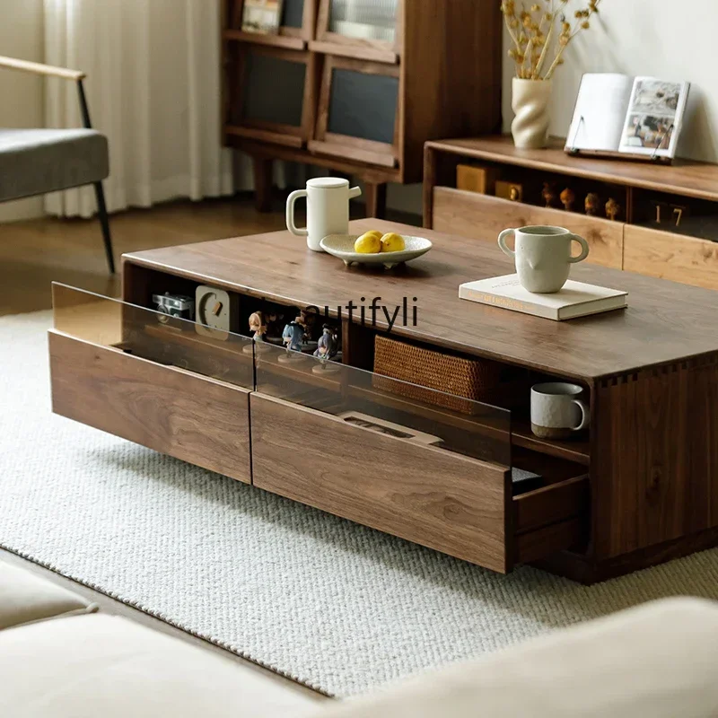 

Cy56 North American black walnut coffee table TV cabinet combination glass all solid wood coffee table living room