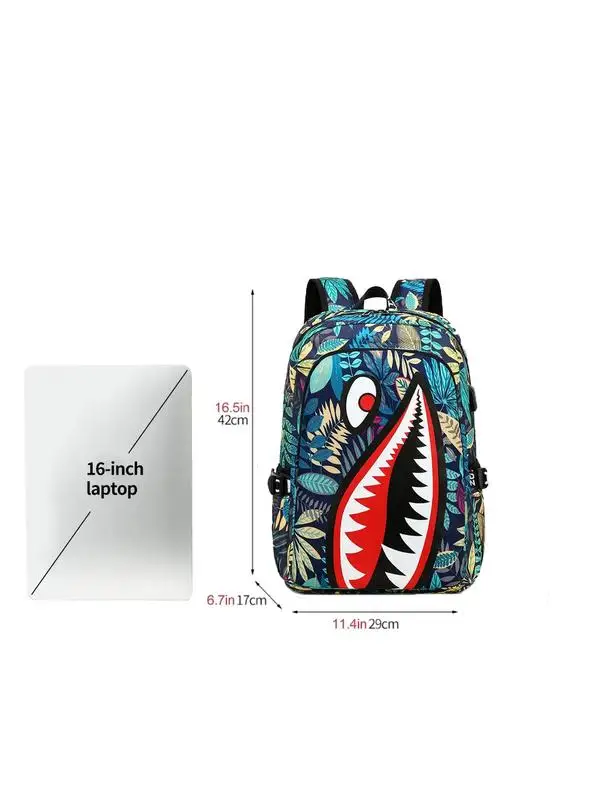 Colorblock Shark Pattern Backpack, Capacity Backpack with Usb Port Design, Backpack for Daily Use, Back To School Bag for Summer