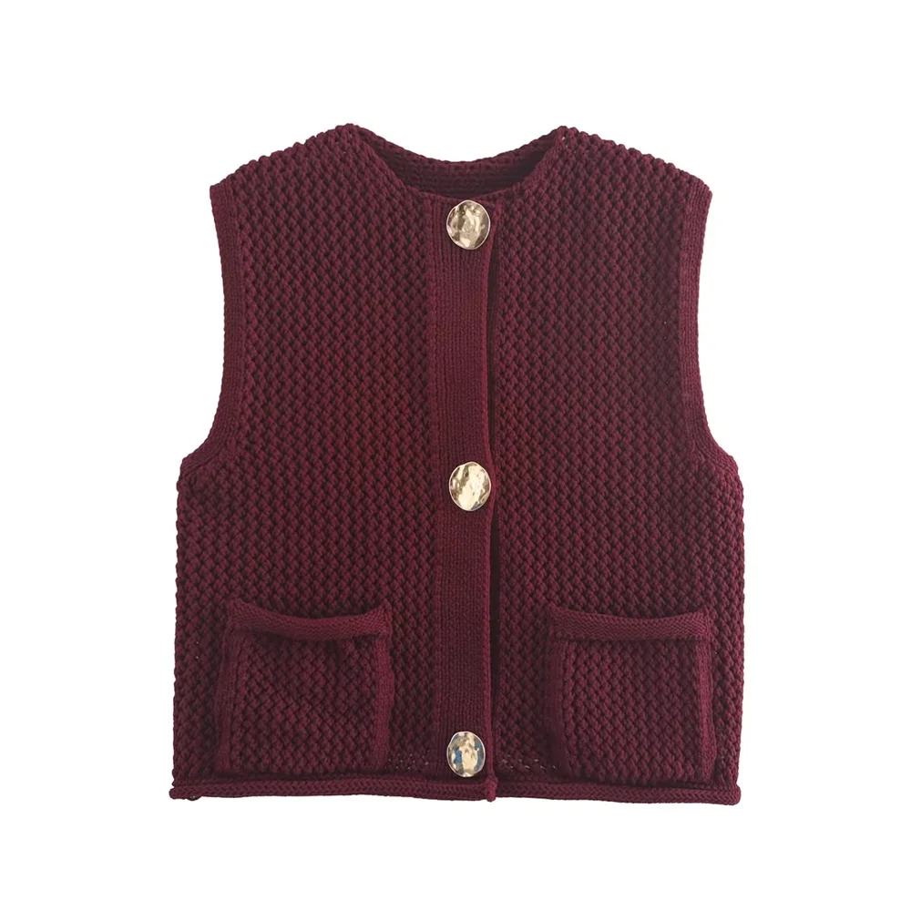 ZARA2024 Autumn New Product  High  End Hollow  Sleeveless  V-neck  Short  Knitted  Cardigan Vest Top