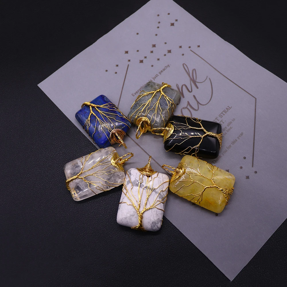 Hand-wound Copper Wire Life Tree Square Natural Stone Jade Agate Vintage Pendant 30x42mm DIY Necklace Earrings Keychain Ornament