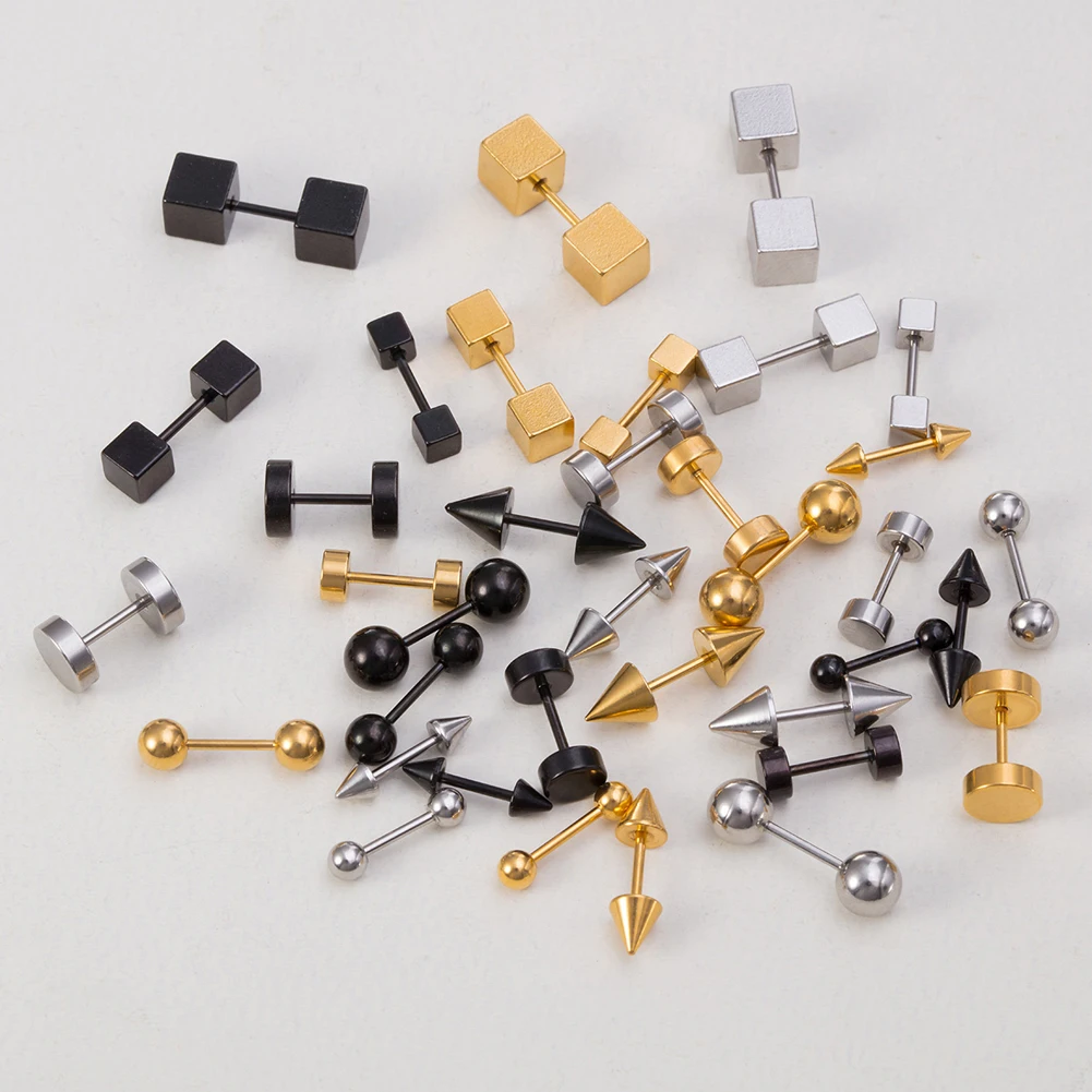 3Pcs 20G Screw Back Ball Tragus Stud Cartilage Earrings Helix Ear Piercing Jewelry Round Cone Square Surgcial Steel Stud Earring