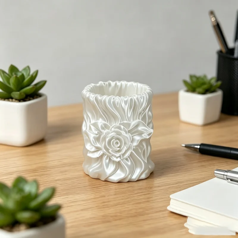 Embossed Rose Wrinkle Storage Cup,3D Print Multi Functional Pen Makeup Brush Organizer For Office Bedroom Dresser Table Ornament
