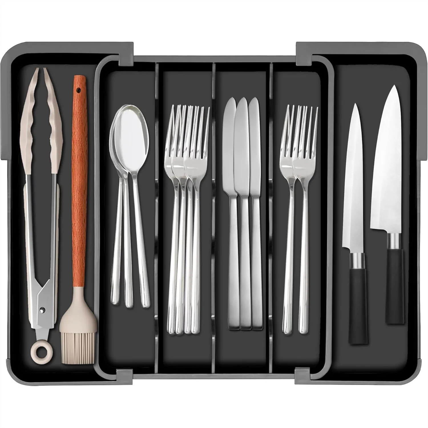 

Органайзер для столовых приборов, расширяемый, для кухонного ящика, из пластика без БФА, для ложек, вилок, ножей