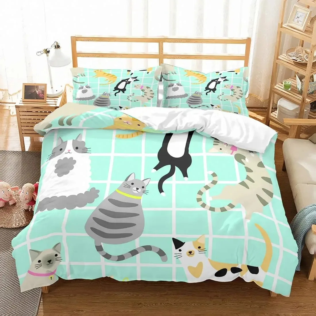 3D Kids Cats Bedding Set Twin Size Green Cartoon Cats Bedding Set for Kids Boys Girls Animal Theme Cute Kitten Pattern 23pcs