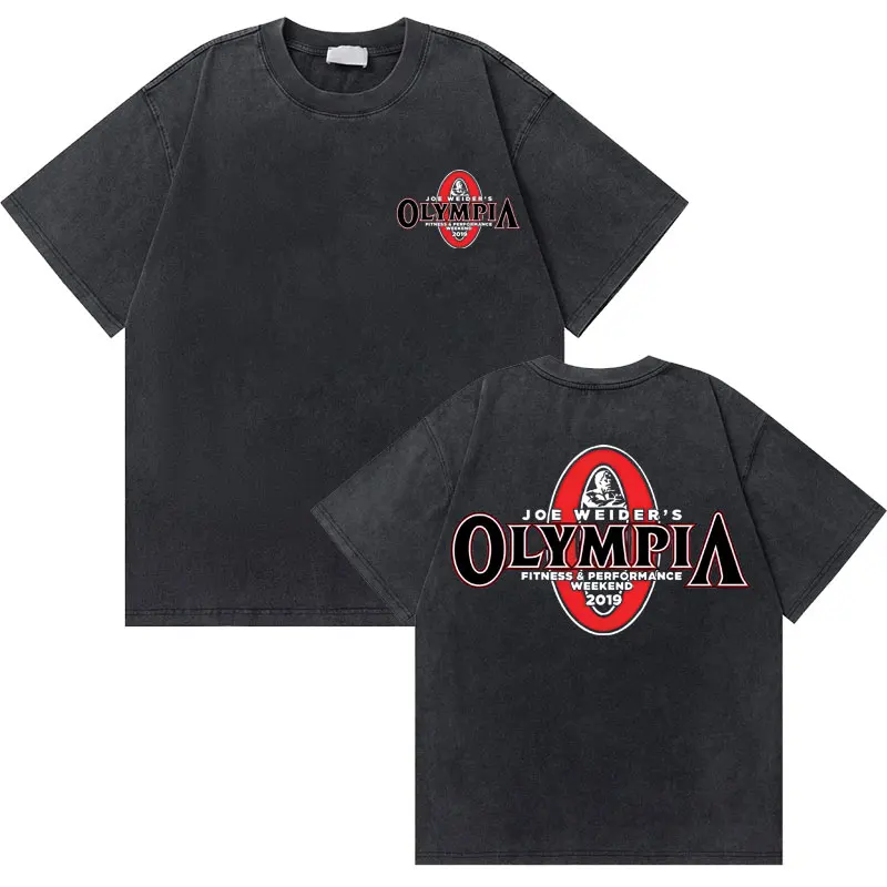 Washed Vintage Olympia Gym Skeleton Fitness Double Sided Print Tshirt Men Women Causal Cotton T Shirt Male Fashion Brand T-shirt