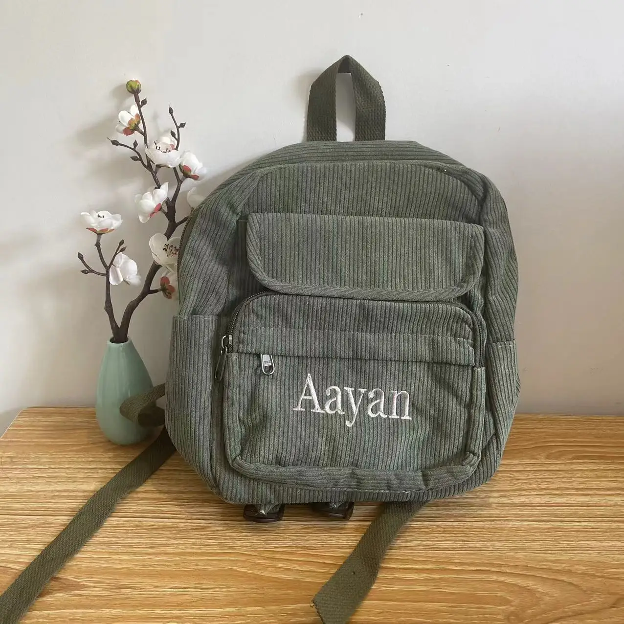 

Corduroy Embroidered Name Backpack For Female High School Students Retro Backpack, Simple And Aashionable Portable Backpack