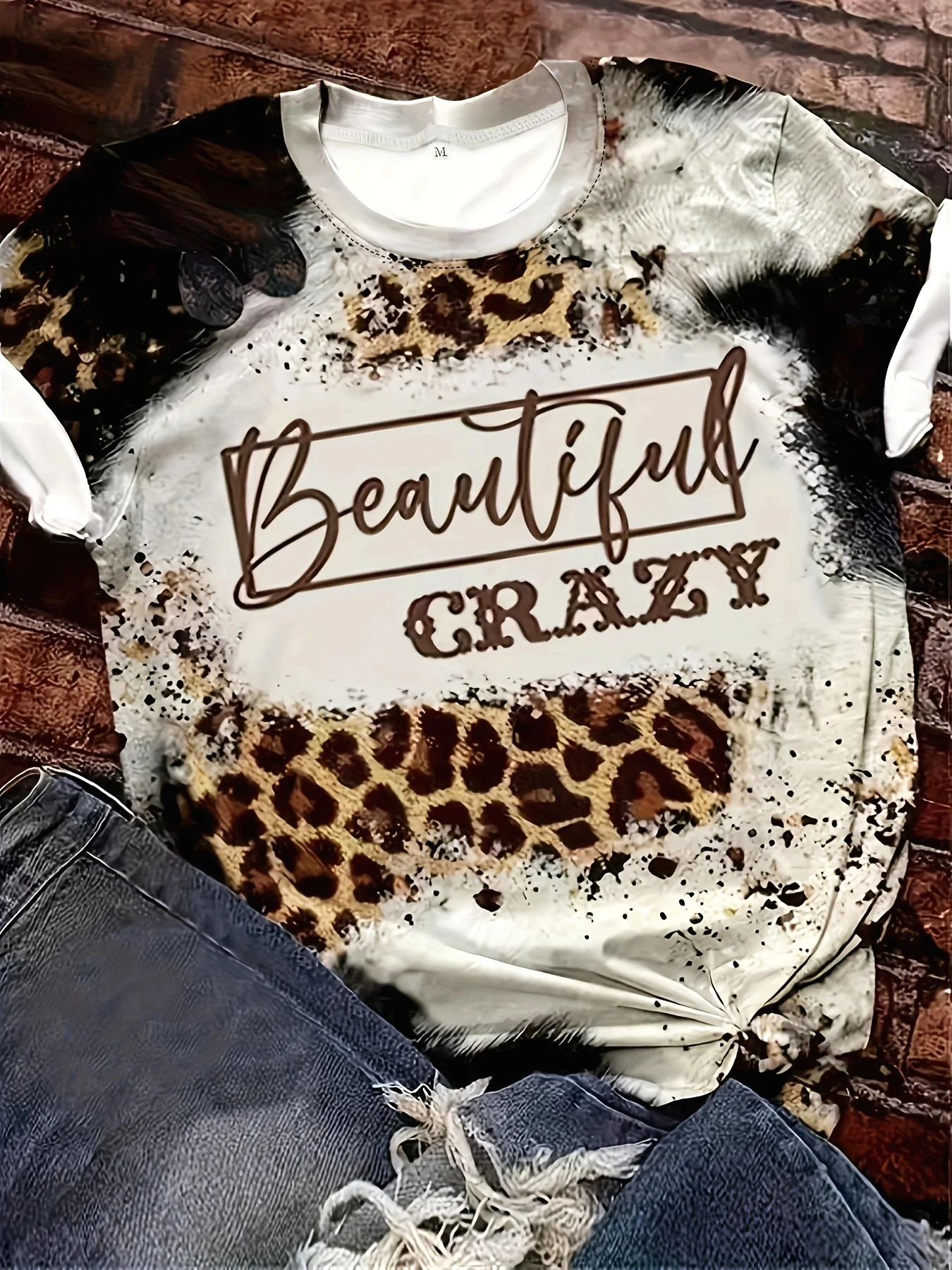 Women Short Sleeve T‑Shirt Leopard Print Beautiful Crazy Letter Graphic Crew Neck Loose Casual Tops