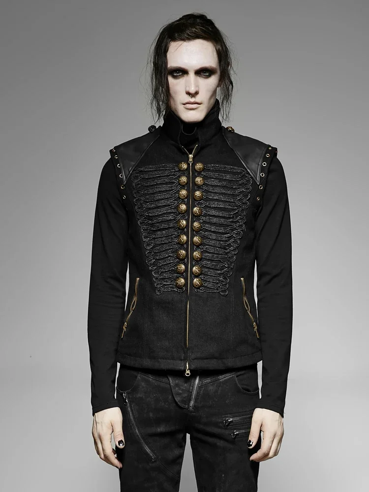 PUNK RAVE Men's Black Military Uniform Style Dark Winter Vest  Rock Handsome Cool Waistcoat Stage Clothes for Singers