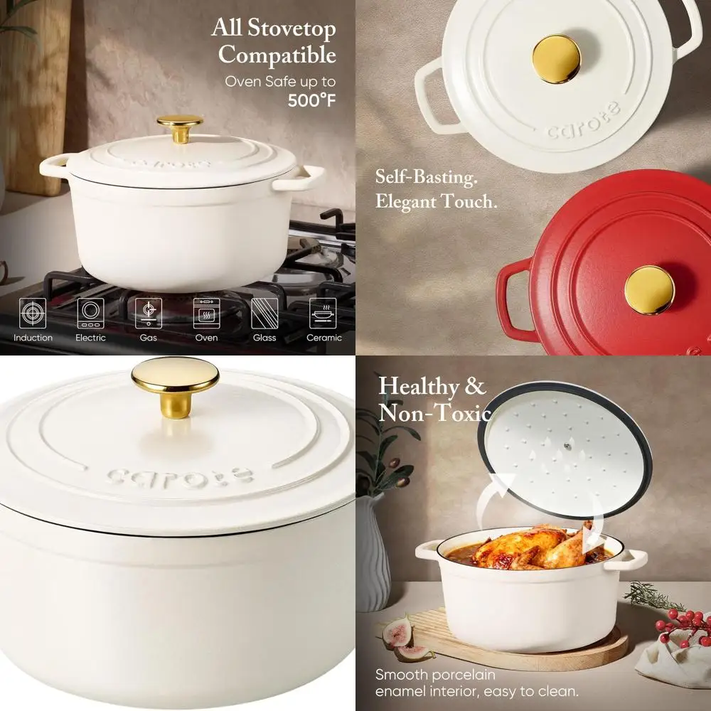 

4-Quart Enamel Cast Iron Dutch Oven Pot with Lid, Perfect for Baking Sourdough Bread, Braising, Stews, Roasting, Non-Toxic, Dual