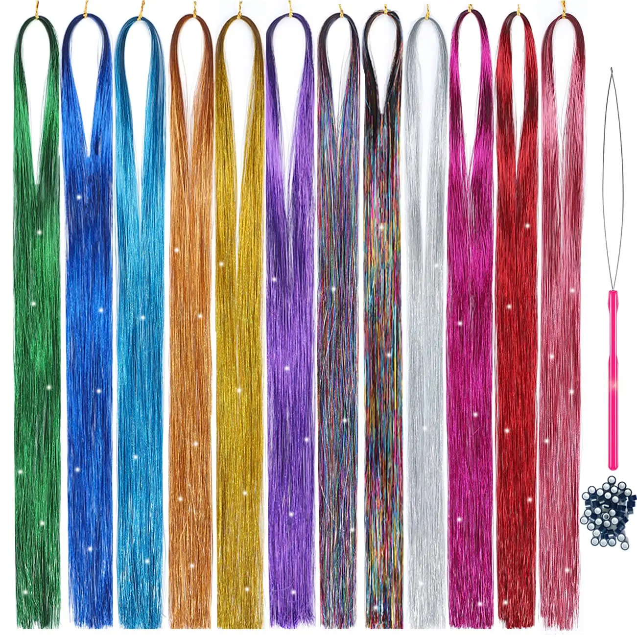 

12 Colors Glitter Hair Tinsel Kit 47 Inch Extensions with Tool