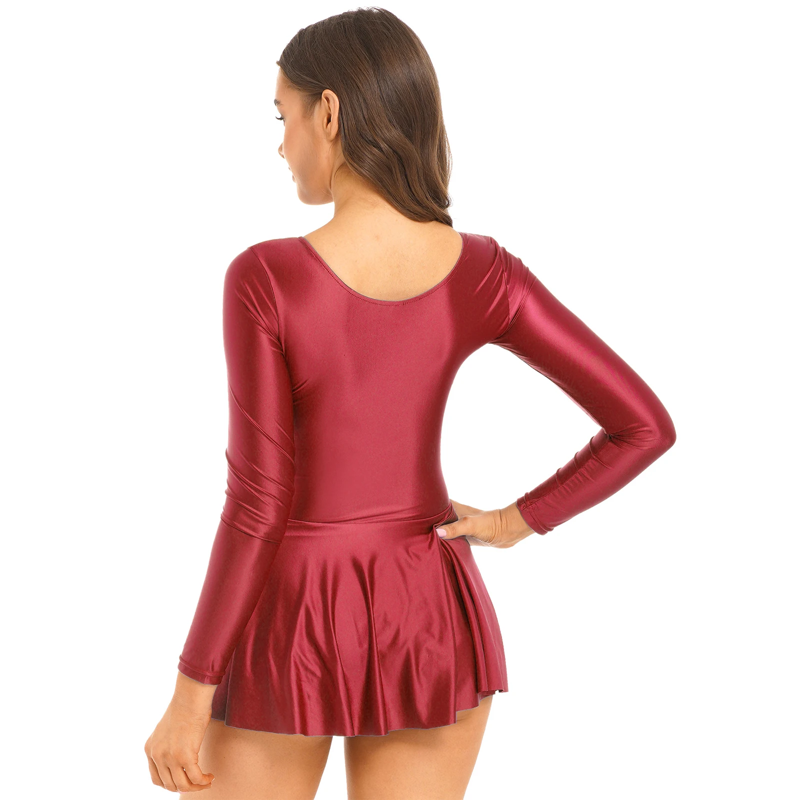 Womens Glossy Long Sleeve Ruffled Dress Solid Color Round Neck Leotard Dresses for Sports Ballet Dance Swimming