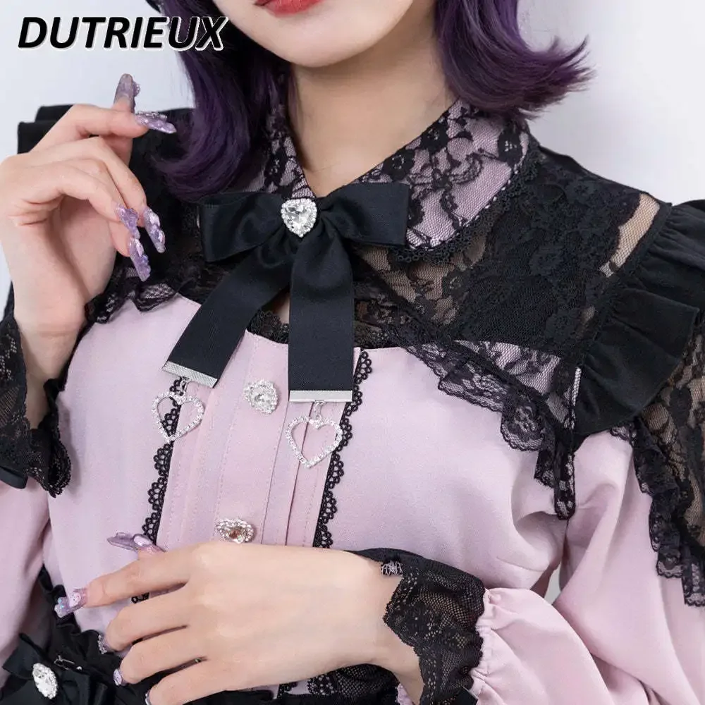 Japanese Style Sweet Lace Stitching Shirt Bow Off-the-Shoulder Bow Long Sleeve Bottoming Blouse Heavy Industry Lady Tops