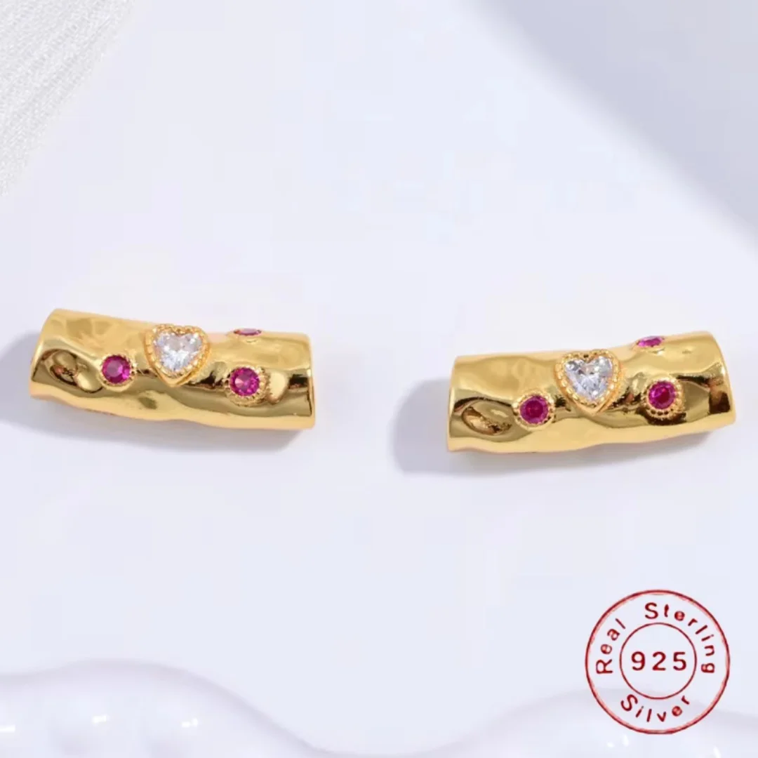 

S925 Sterling Silver Zircon Heart Hammered Curved Through-Hole Spacer Beads for Bracelet Necklace Accessories SZ106