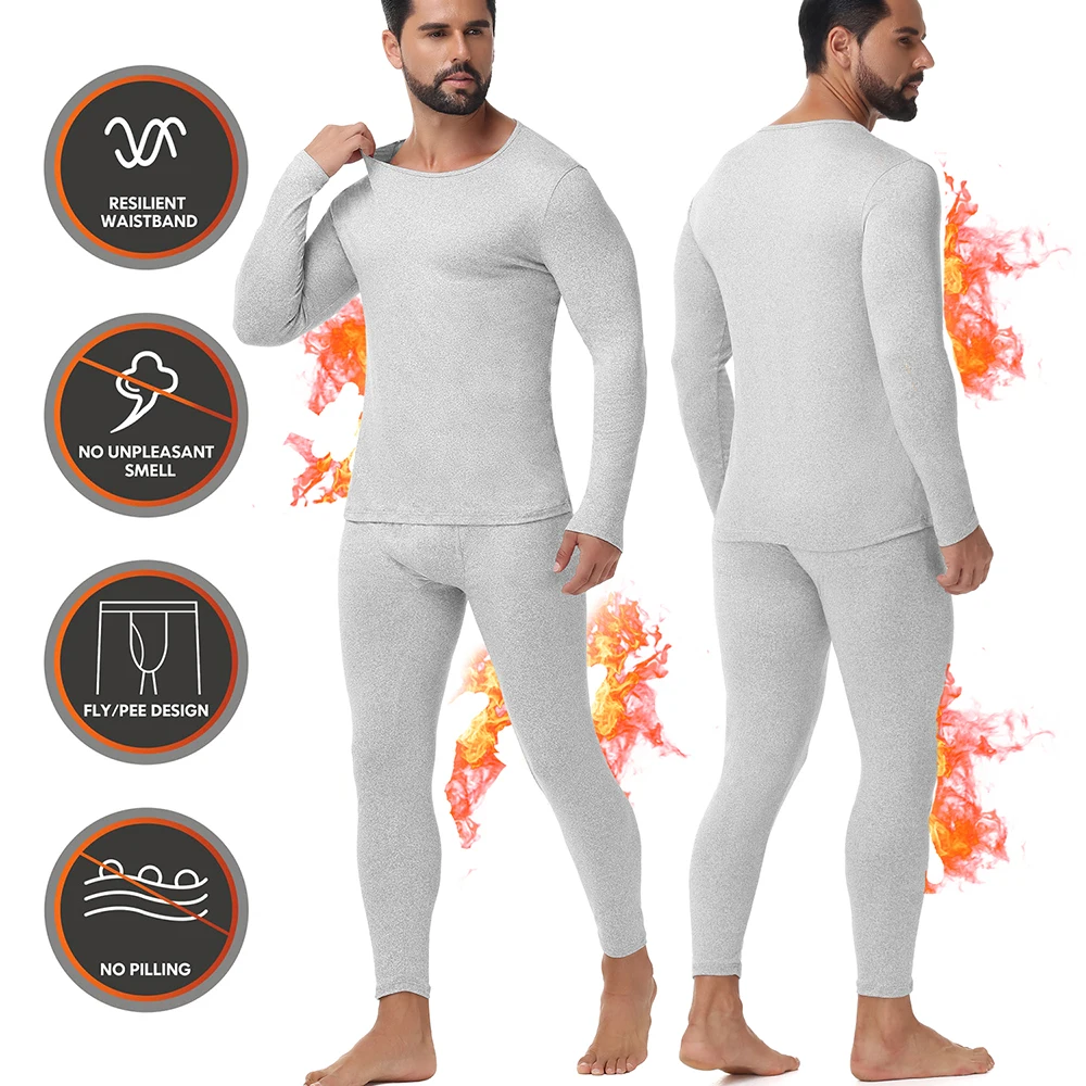 Mens Thermal Underwear Set Winter Autumn Long Johns Round Neck Long Sleeve Top Elastic Waist Bottom for Cold Weather Heating​