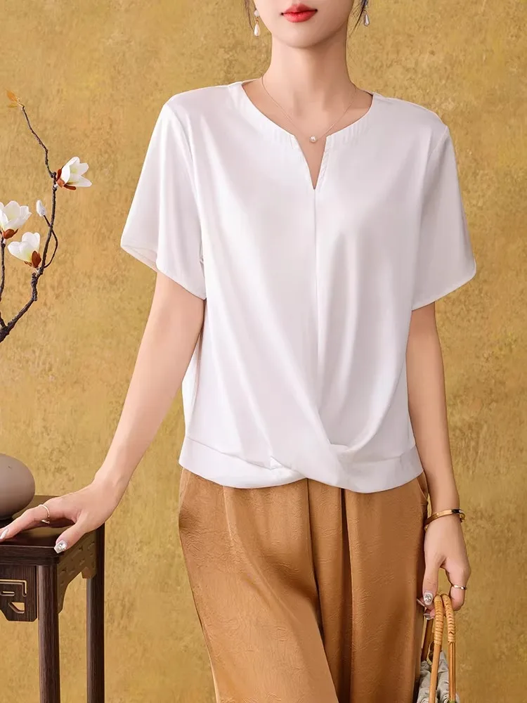 الصيف خلات الساتان ort Sve تي شيرت المرأة Faionable f Sve قاعدة لون نقي فضفاض ملابس خارجية
