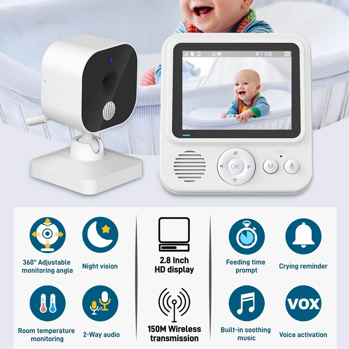 Monitor de bebê sem fio, 2.8 polegadas, vídeo hd, visão noturna, monitoramento de temperatura, áudio bidirecional, lembrete de temporização, câmera de segurança