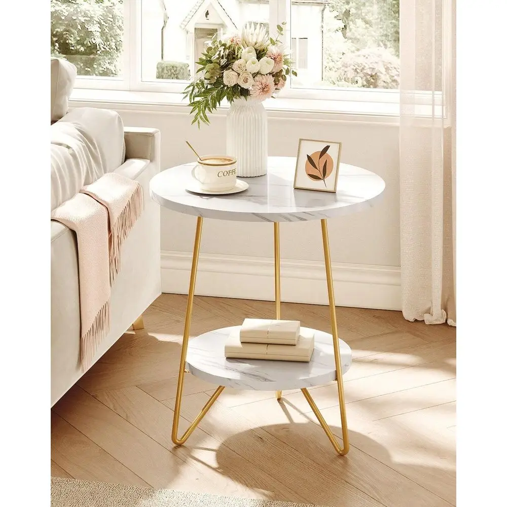 

Faux Marble End Table, 2 Tier Round Side Table With Storage Shelf, Modern White Nightstand Bedside Table Small Coffee Accent Ta