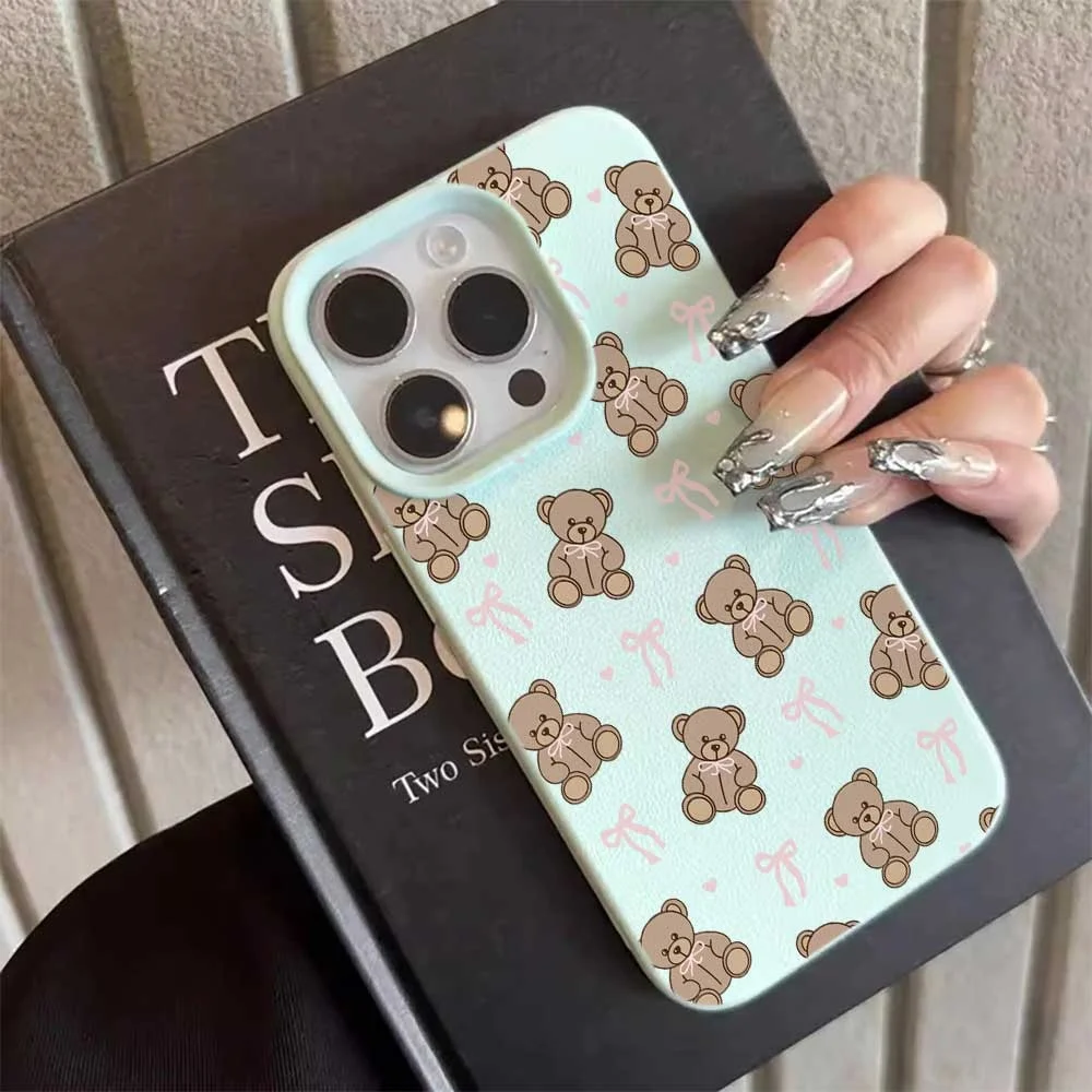 Niedliche Teddybär-Handyhülle mit rosa Schleife für iPhone 17 16 15 14 13 12 11 Pro Max 16 15 Plus XR, Silikon, matt, weich, stoßfest – Detail 10