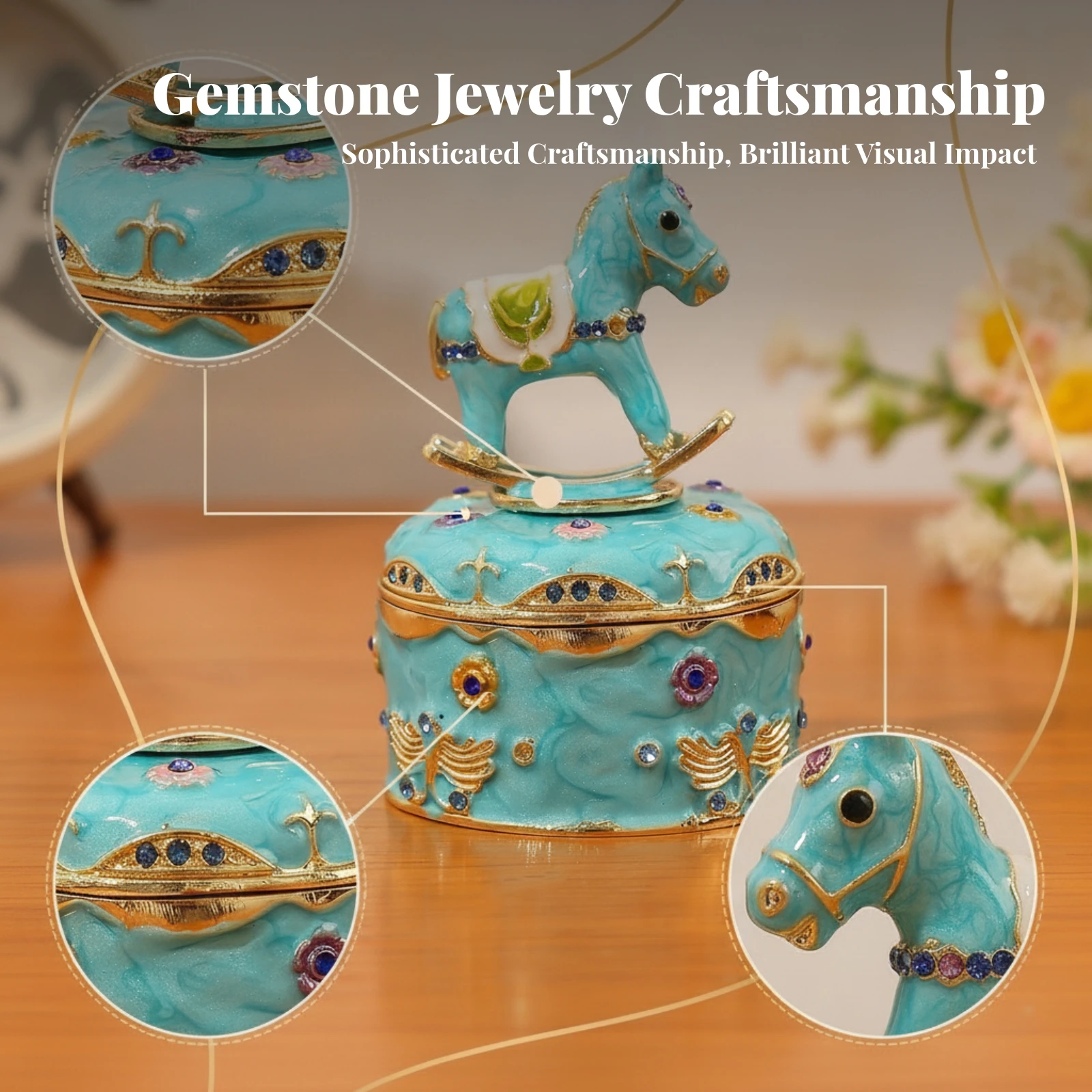 Carousel Jewelry Box Gold-Tone Trim Horse Jewelry Box Trinket Case Ornamental Home Decor Gift Ready