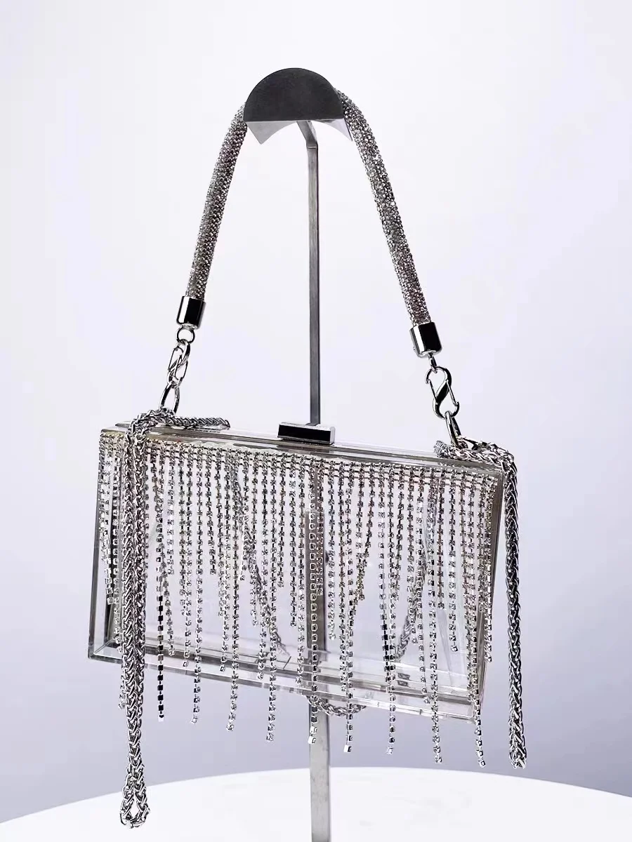 Luxury Designer Acrylic Square Box Women Handbag Glitter Shiny Tassel Rhinestone Diamond Evening Bag Wedding Party Clutch Purse