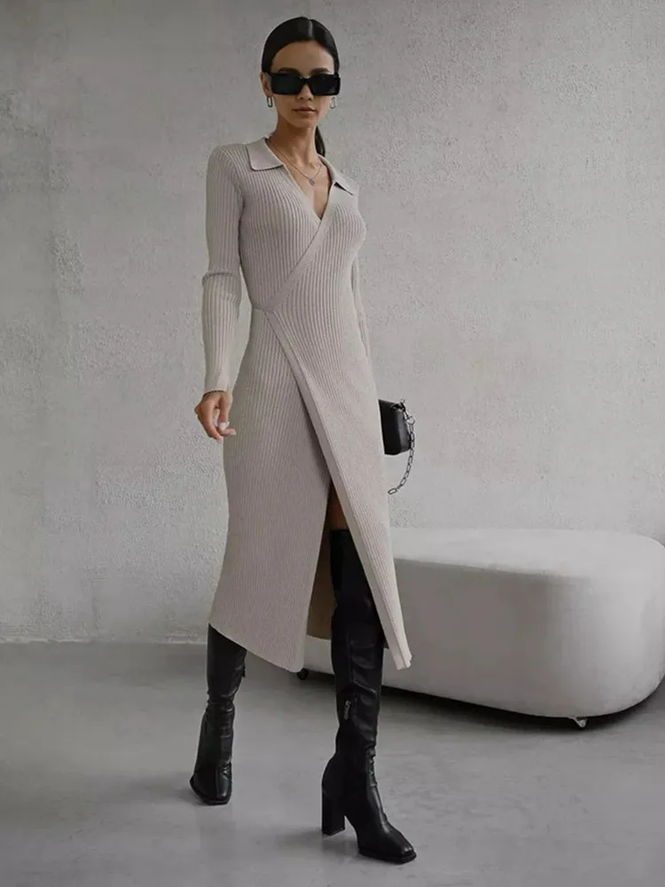 

SKMY 2025 Spring New Hepburn Style Sweater Dress Women Clothing Lace-Up Long Sleeve Solid Color Slimming Knitted Dress Party