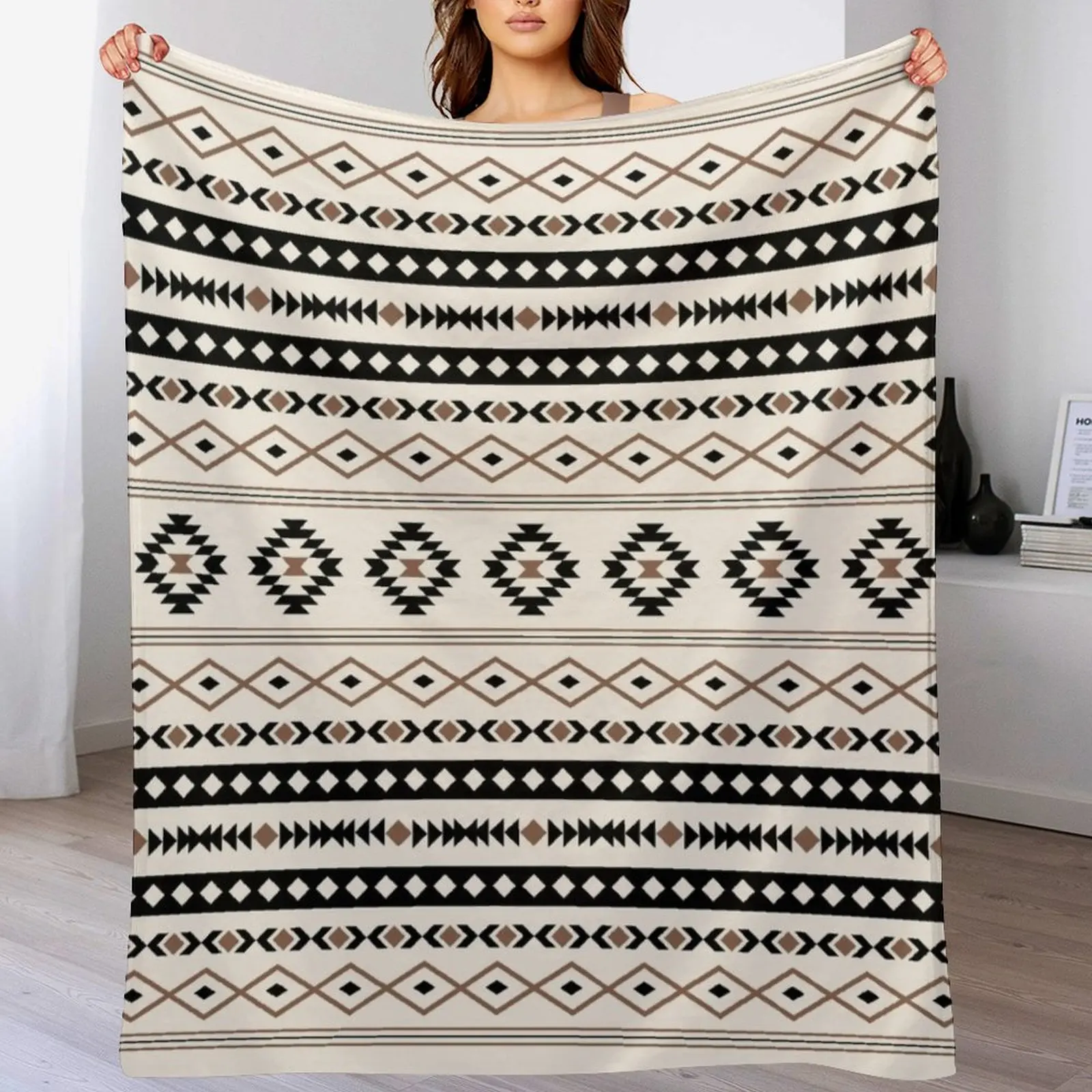 

Aztec Black Brown Cream Mixed Motifs Pattern Throw Blanket Multi Use Warm Blanket for Living Room Bedroom